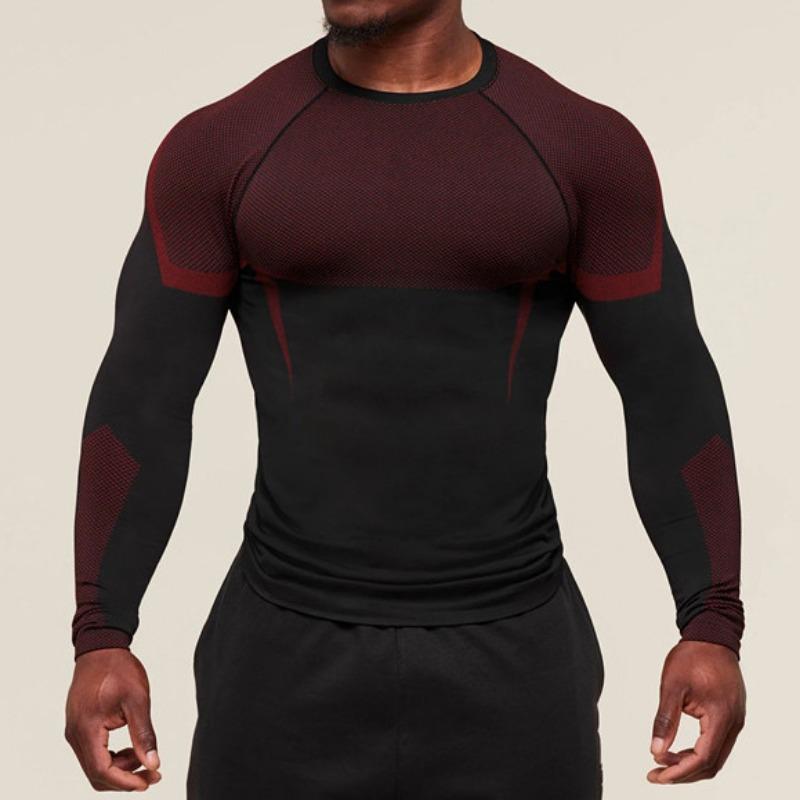 Herren Langarm Kompressionsshirt Mesh-Einsatz Feuchtigkeitsableitend Sportlich Fitness Enges Oberteil