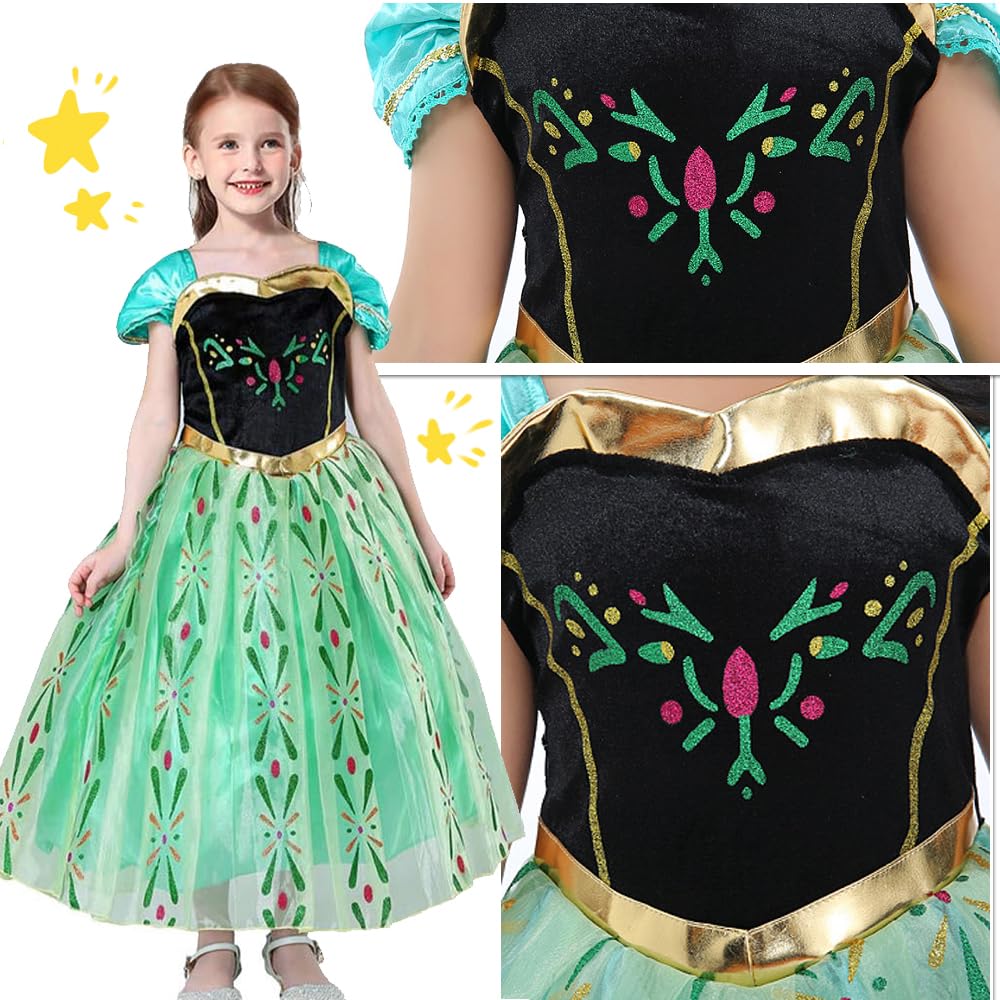 ANONIE Princess Dress Cosplay One Piece Kids Costume Frozen Anna Dress Girls Princess Birthday Christmas Gift Luxury 6 Piece Set Green 110-3