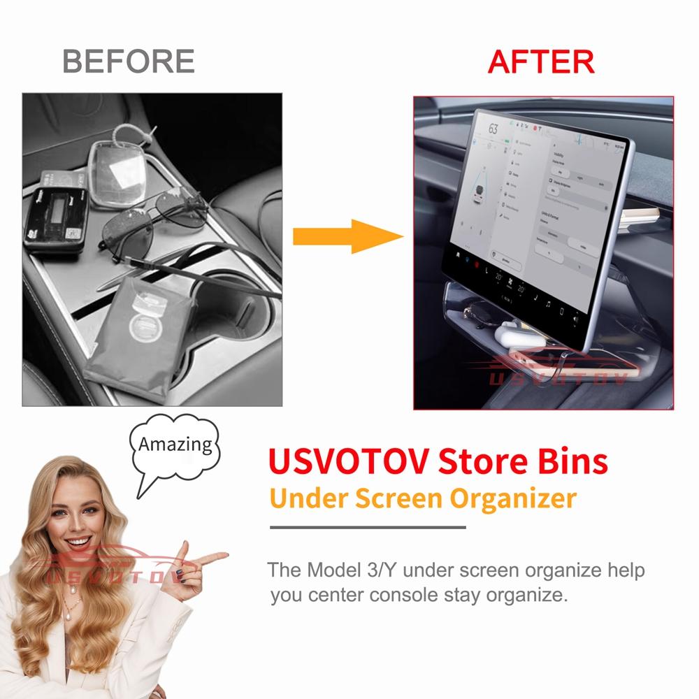 Under Screen Storage Box For Tesla Model 3 Y Highland Center Console Organizer Tray Dashboard Bins Tissue Phone Holder Accessory