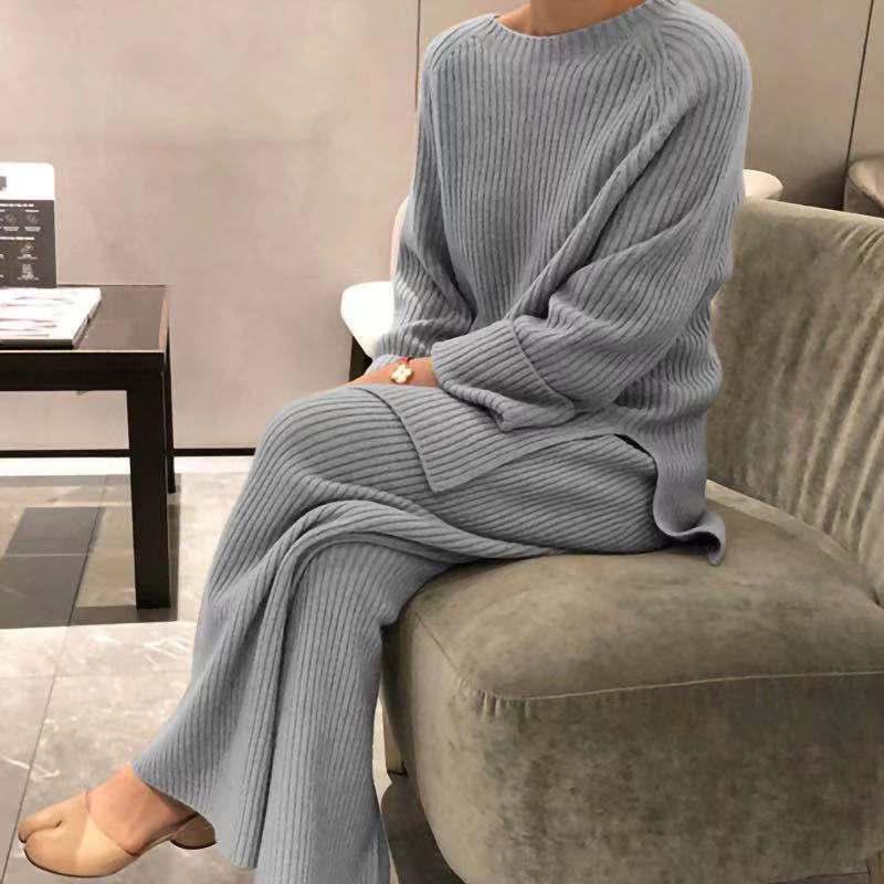 Women Elegant Sweater Suit Elegant Knitted Two Pieces Set Autumn Winter Oversized Pullover and Trousers Suit Female Outfits