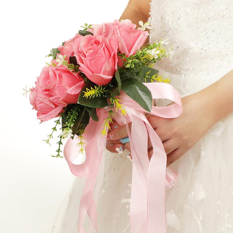 1pc Holding Flowers Artificial Natural Rose Wedding Bouquet With Silk Satin Ribbon Bridesmaid Bridal Party Wedding Accessories