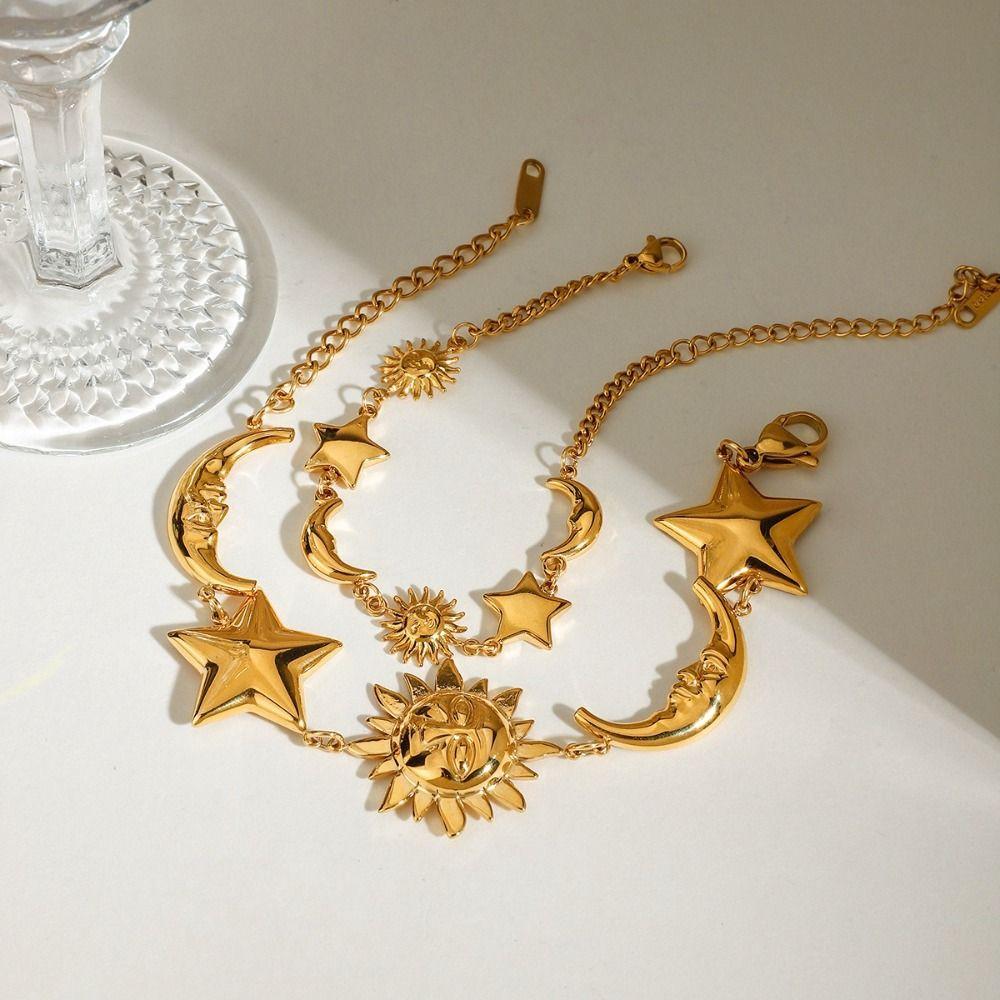 18K Gold Color Star Moon Bracelet Stainless Steel Stackable Bracelet Summer Fashion