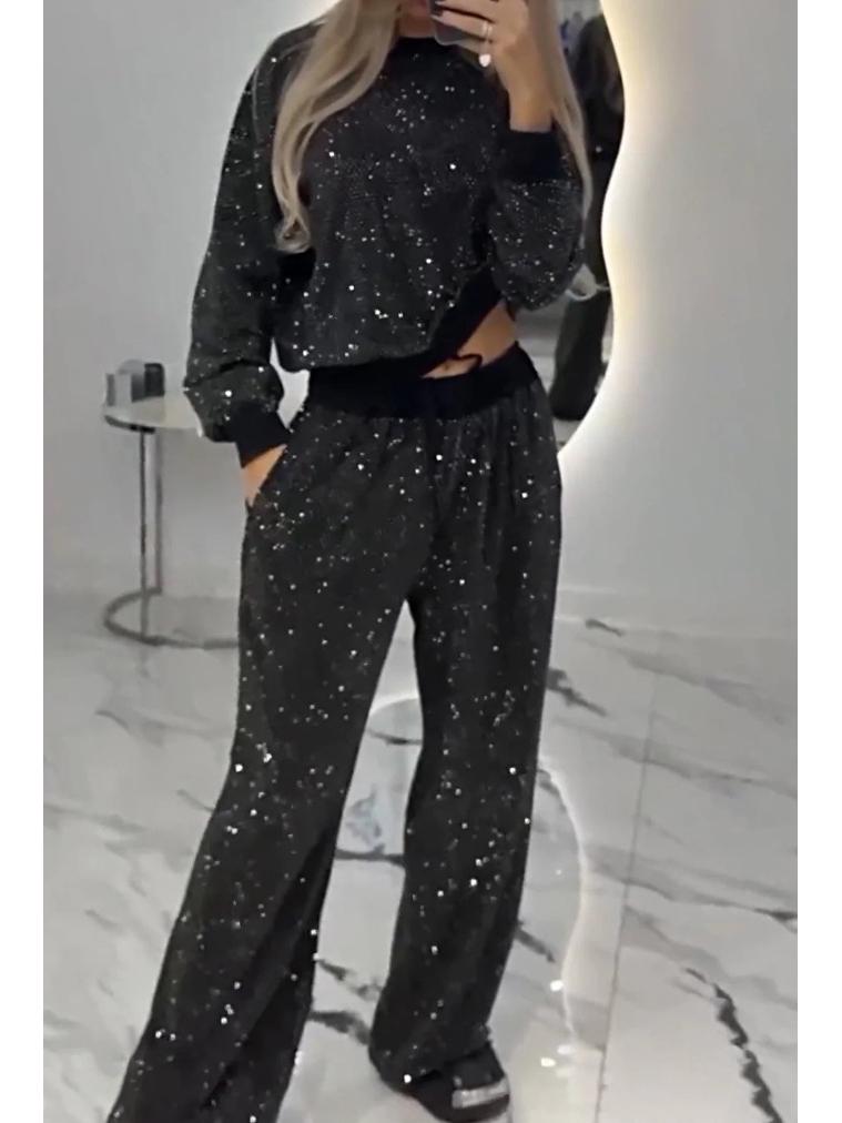 2024 European & American Fall/Winter Women's Casual Round Neck Long Sleeve Hot-Drilled Drawstring Ankle-Cuff Set