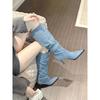 European and American Style Pointed High Tube Pleated Piled Boots Women's 2025 Autumn Fine Heel Denim High Heel Knee Boots