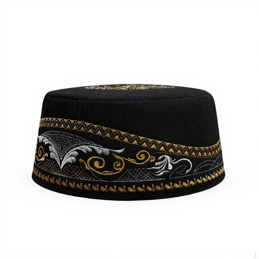 Embroidered Men's Prayer Cap, Hard Saudi Hat, Polyester, Stage, Round 55 Recommended
