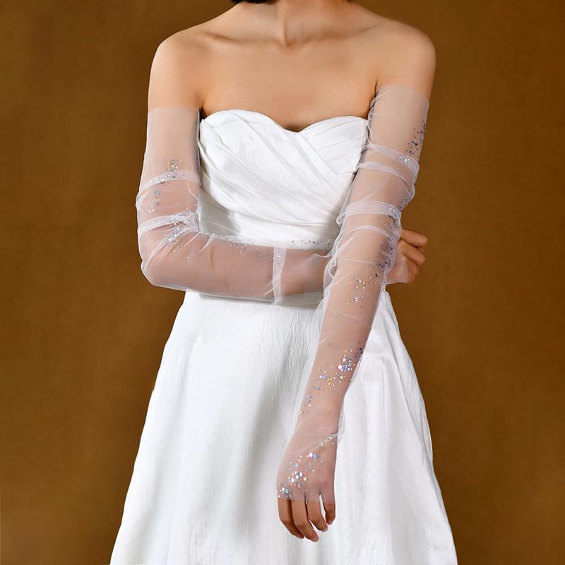Elegant Colorful Sequins Wedding Dress Decoration Mesh Extended Arm Sleeves Fingerless Long Bridal Gloves Accessories