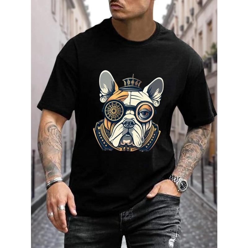 Steampunk Chic Bulldog Print T-shirt For Men, Trendy Short Sleeve Top, Men's Clothing