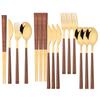 16Pcs Gold Flatware Cutlery Set Chopsticks Knife Fork Spoon Set Imitation Wooden Handle Korean Dinnerware Luxury Tableware
