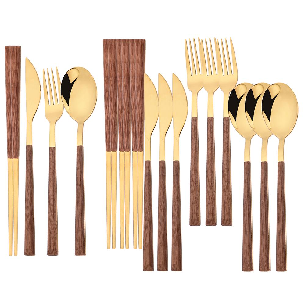 16Pcs Gold Flatware Cutlery Set Chopsticks Knife Fork Spoon Set Imitation Wooden Handle Korean Dinnerware Luxury Tableware