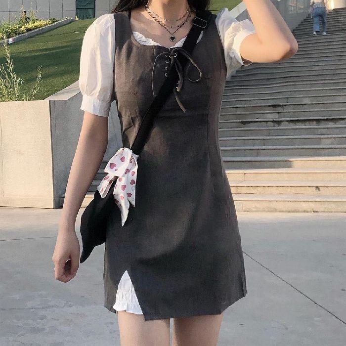 

Fake two-piece dress women s summer new French bubble sleeves niche strap skirt slim temperament short-sleeved long dress XL сірий колір