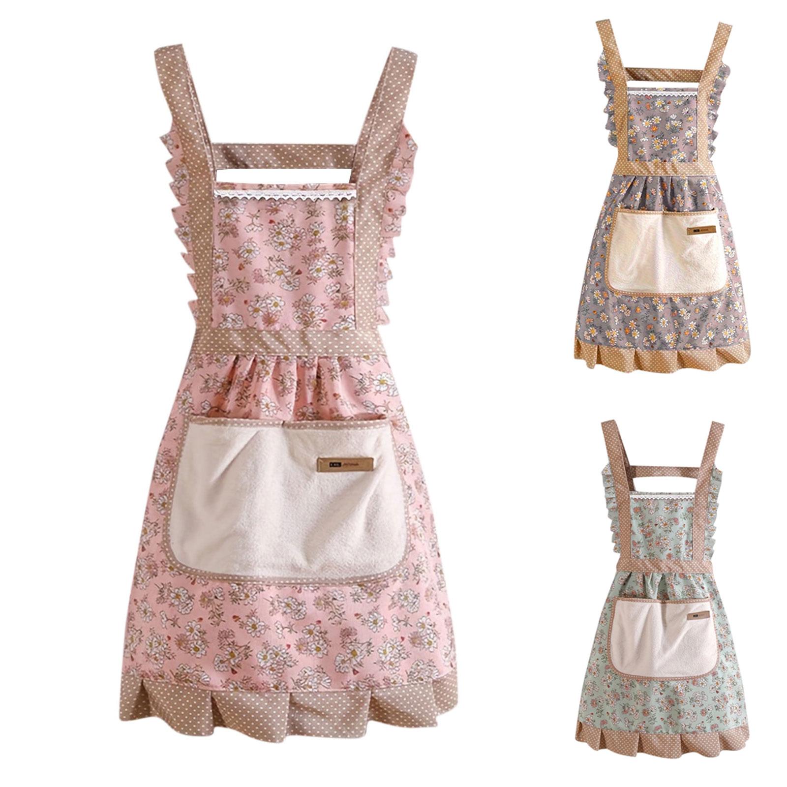 Aprons For Women With Pockets Floral Kitchen Cooking Aprons Cotton Apron With Adjustable Strap And Front Pocket For Smock Apron One Size синий