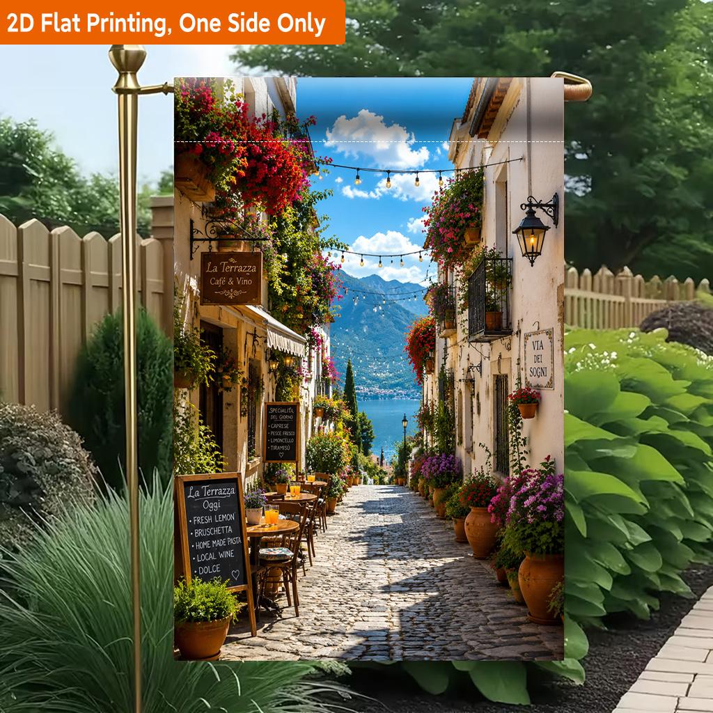 2D Flat - 2D Flat Printing Garden Flag 1pc, Cozy Italian Street View Durable Single-Sided Print Yard Flag, Garden & Home Holiday Decoration, 29.97X44.