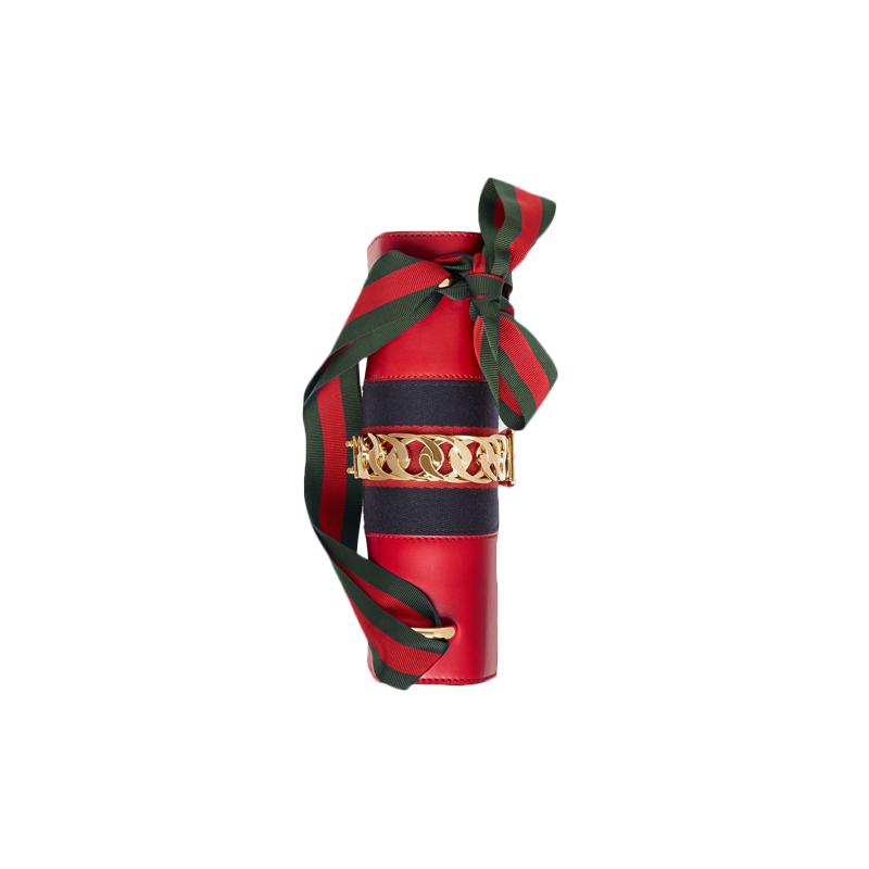 Gucci Sylvie gold buckle striped webbing grosgrain bow wide shoulder strap leather one-shoulder crossbody handbag small women's red