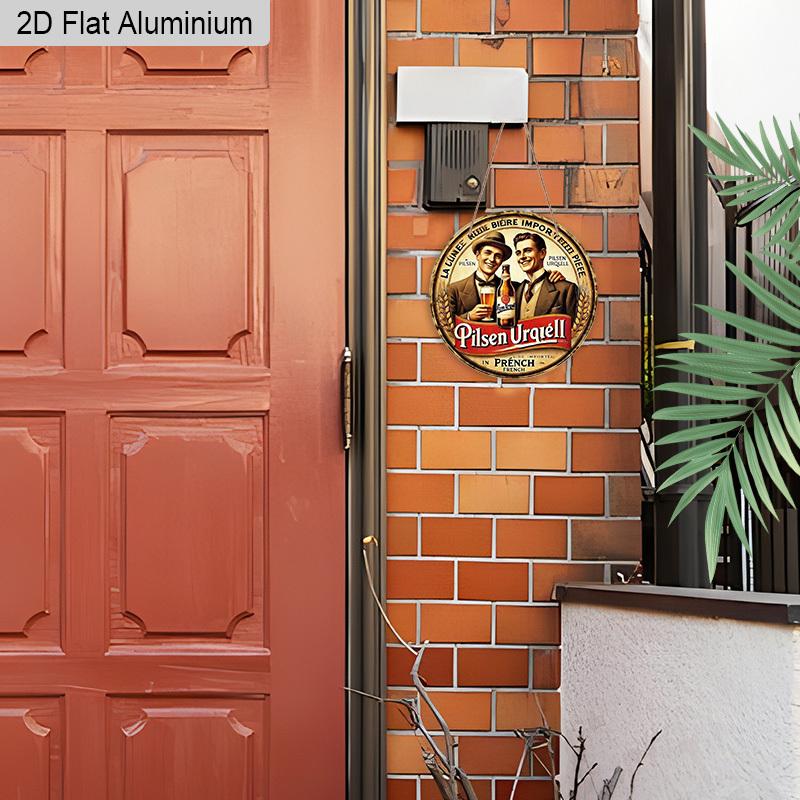 2D Flat Aluminum Retro Round Metal Sign Pilsner Urquell Beer Advertisement, Vintage Wall Art Decor with Hanging Rope, Rustic Chic Decoration for Home