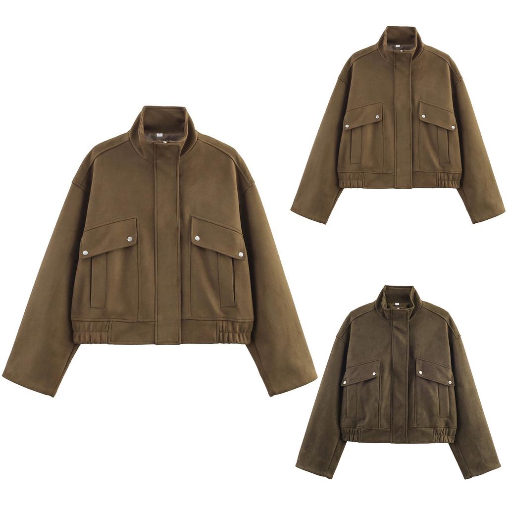 Women's Fashion Loose Zipper Stand Collar Suede Jacket