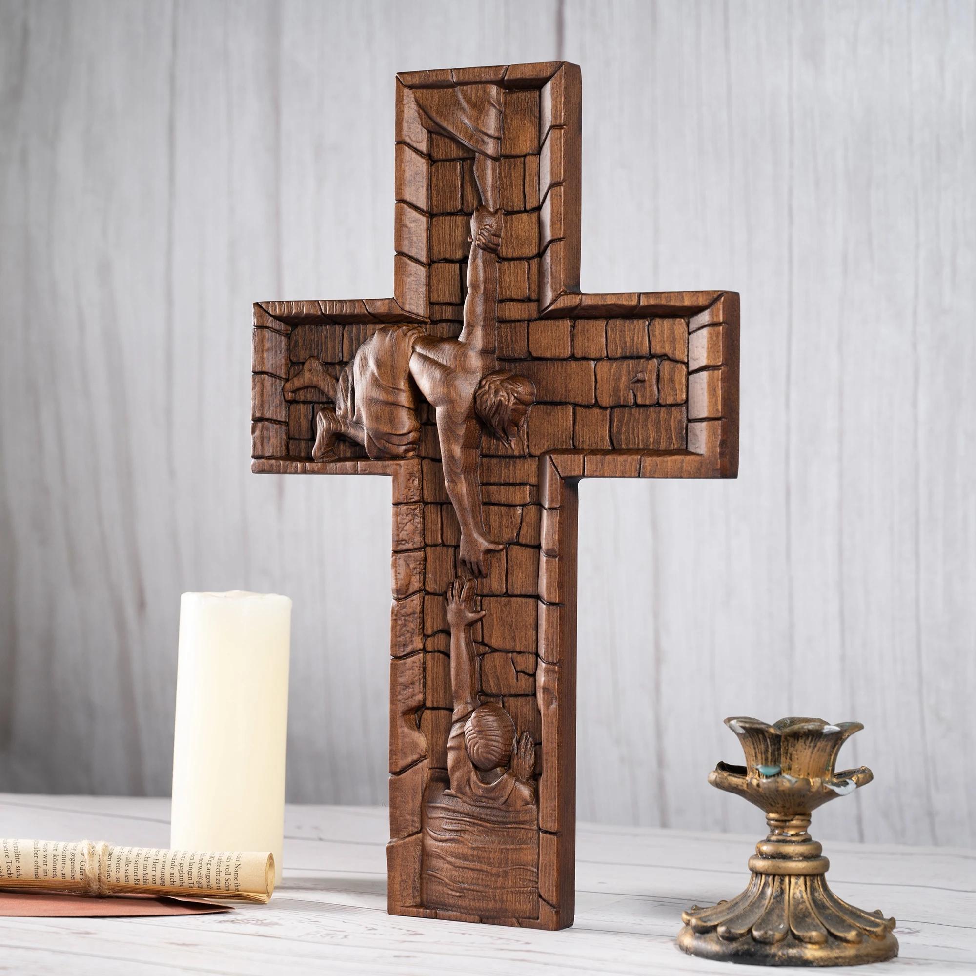 Catholic Religious Jesus Cross Wall Savior Wooden Engraving Home Decoration high 25cm