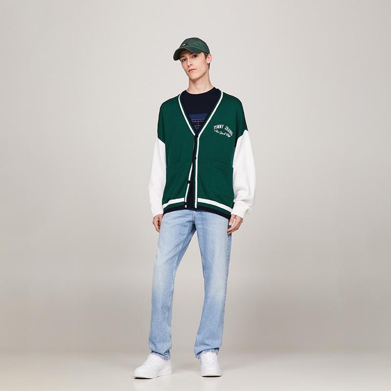 Tommy Hilfiger Cotton College Style Retro Color Block Embroidered Loose V-Neck Knit Sweater Unisex sweater Green White DM0DM18366