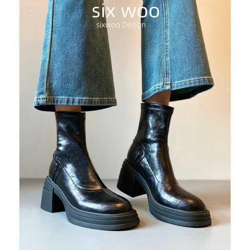 Cowhide version~ Small height-increasing short boots women's thick sole. cm waterproof table slim Martin boots rear zipper boots
