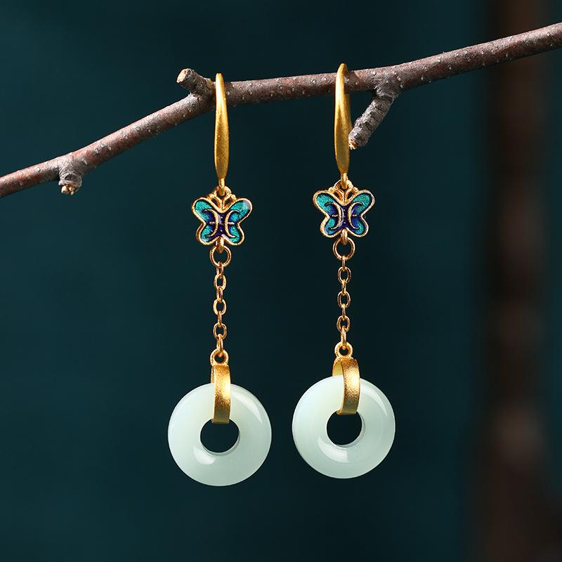 Gold Plated Imitation Jade Earrings For Women, Exquisite Long Style, Niche Design, Antique Style Jewelry Gift