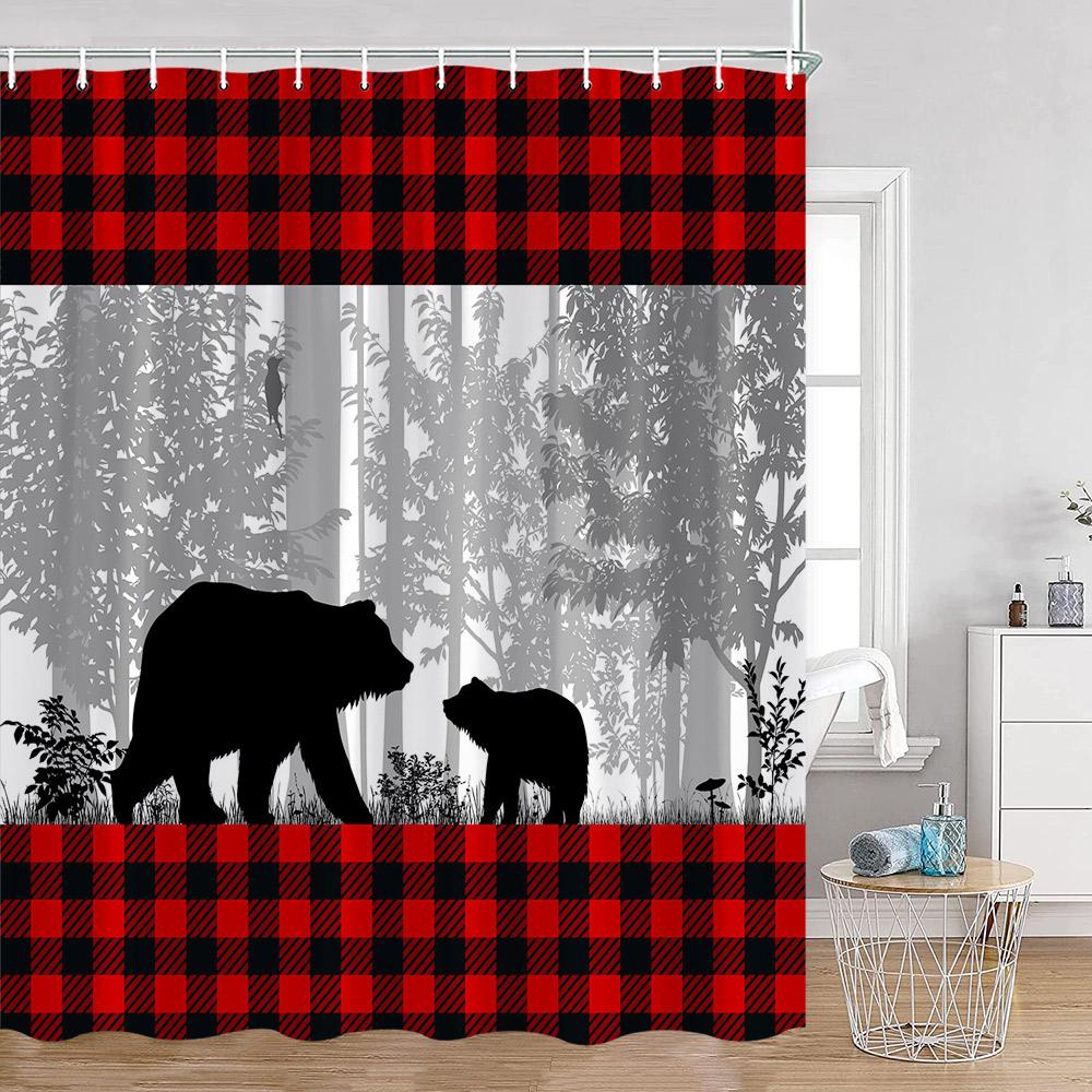 

Funny Bear Shower Curtains Bathing Bear Wooden Plank Pattern Fabric Bathroom Decor Bear Silouette Rustic Bath Curtain with Hooks 90x180cm-35x70in