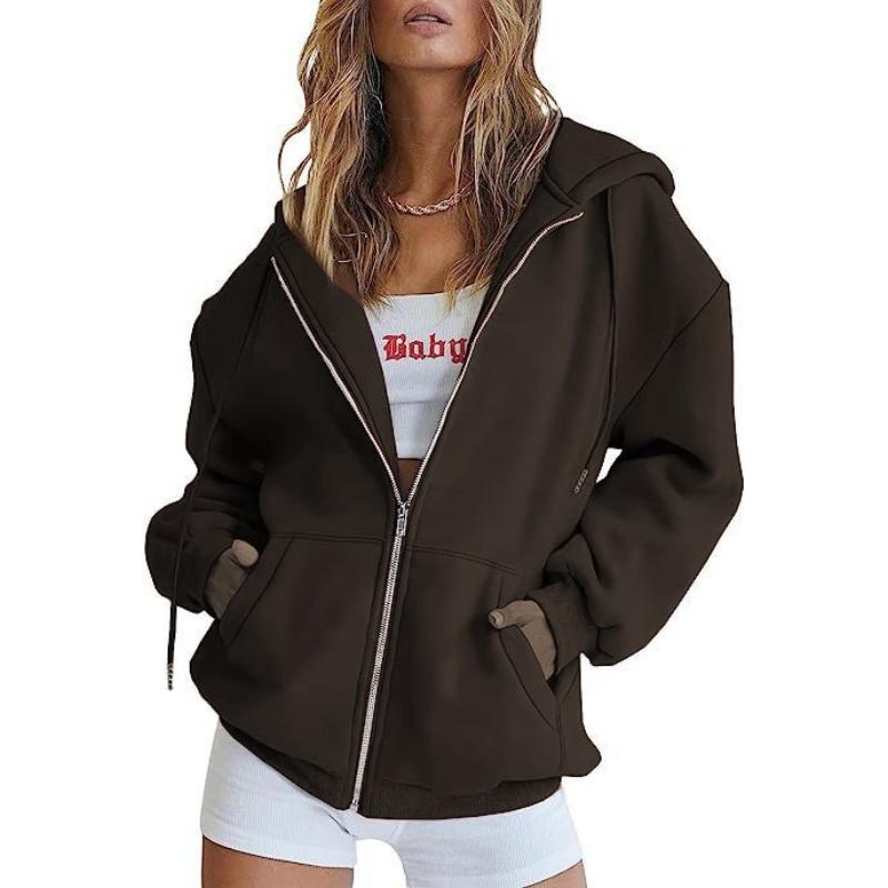 Damen Kordelzug Reißverschluss Niedliche Hoodies Herbstjacke Übergroß Lässige Sweatshirts mit Tasche