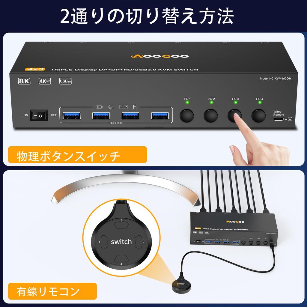 8K KVM Switch for 4 PCs and 3 Monitors, Mirror/Extended Mode, HDMI + DP Ports (8K@30Hz/4K@144Hz), USB 3.0 Ports, Supports 4 PCs and 3 Displays, Shares