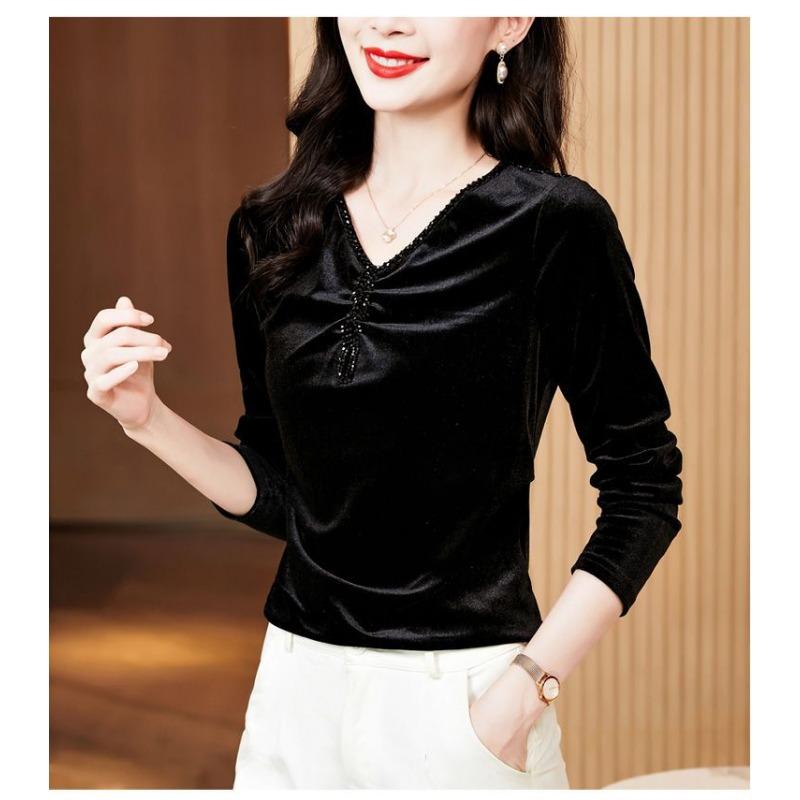 Velvet V-neck Spring and Autumn New Long-sleeved Tops Fashionable Tops for Women