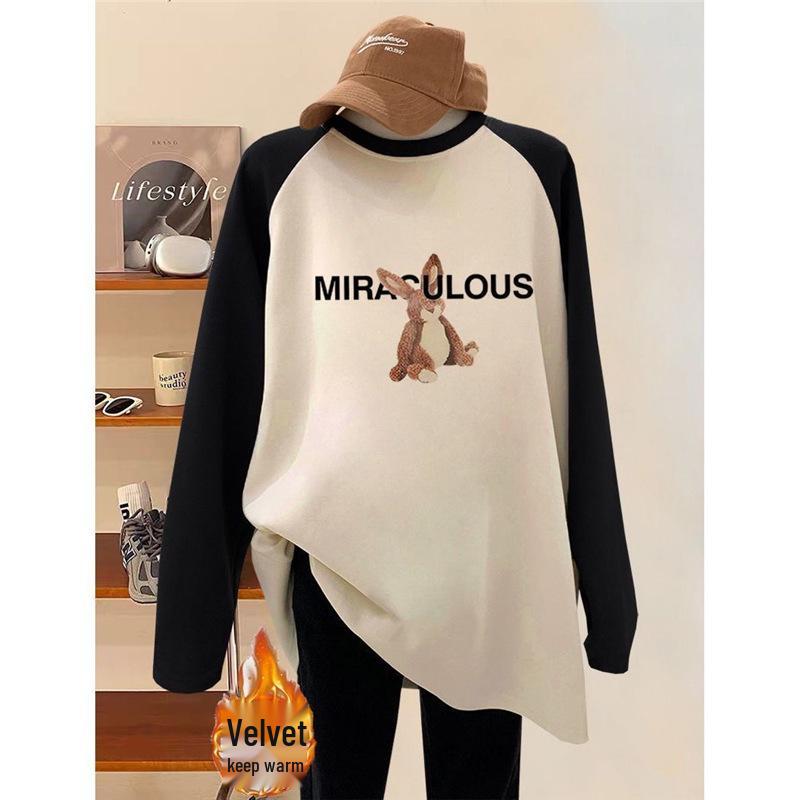 

Women s Mid-Length Fleece-Lined Color Block Long Sleeve T-Shirt - Perfect for Pairing with Shark Pants for Autumn and Winter 2XL (145-155 lbs)
