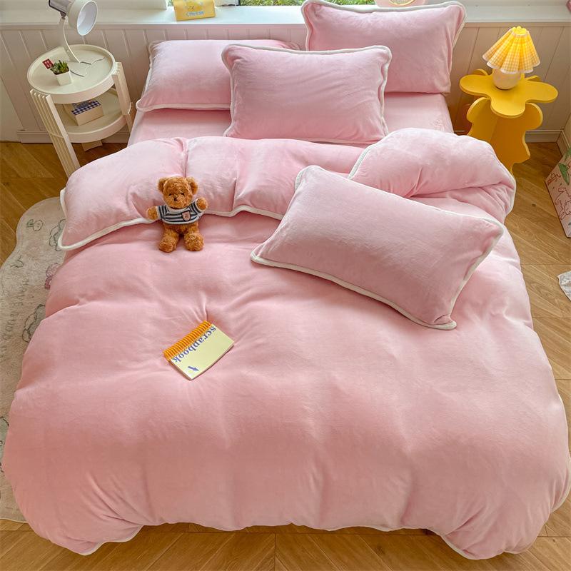 Crem dublu culoare solidă, catifea de lapte, cu tivită mare, cearșaf de pat din patru piese, husă de pilota set de trei piese lenjerie de pat husă de pilota