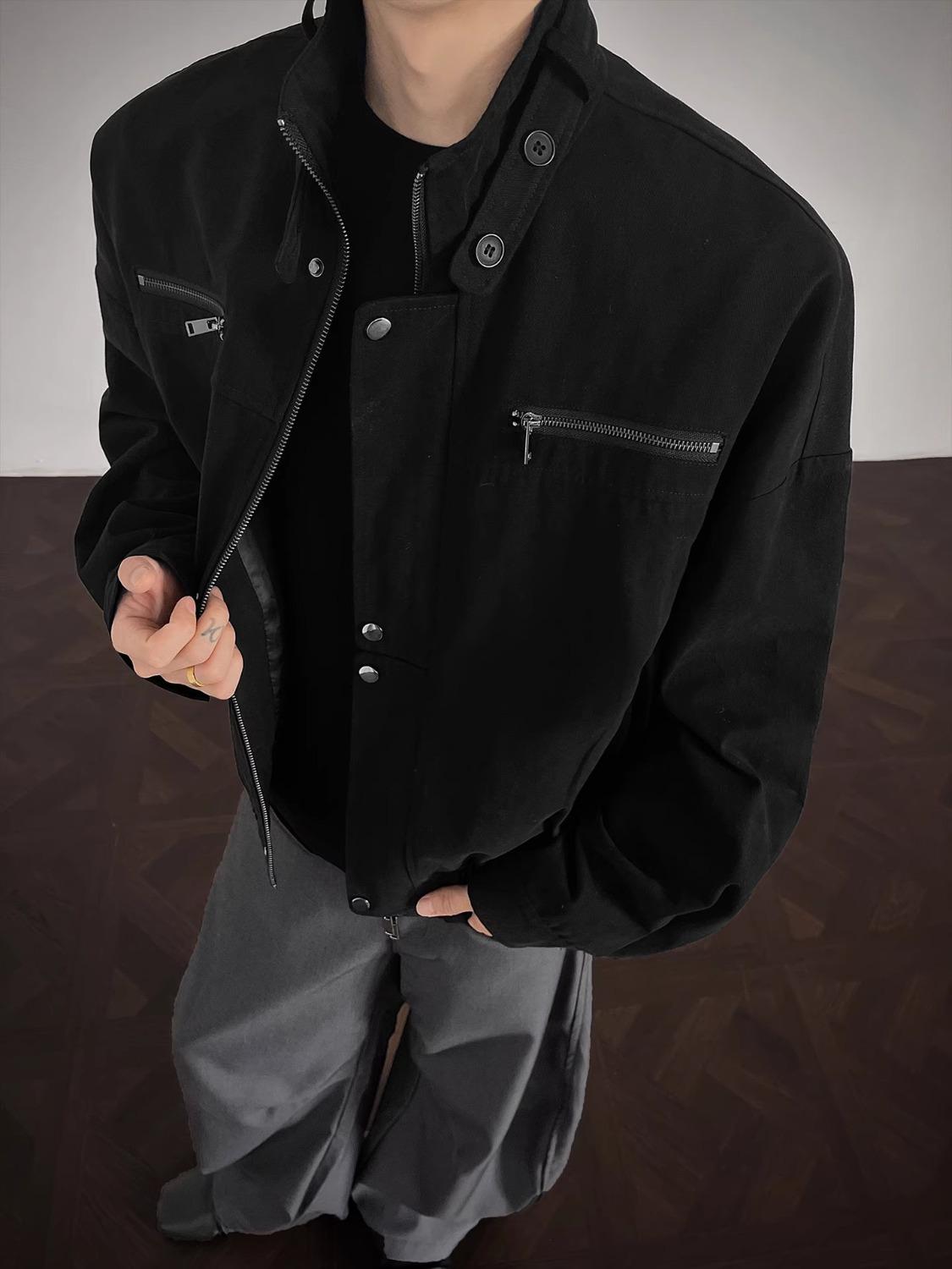 Unisex Retro Barn Style Workwear Jacket with Stand Collar - Autumn Casual Outerwear L чёрный