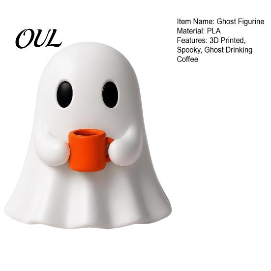 Halloween Party Supplies Ghost Drinking Coffee Figurine, 3D Printed Cute White Holding A Mug Funny Gift Statue, Spooky Decoration for Bars, Counters,