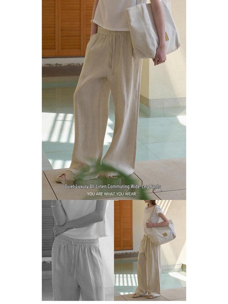 Women's Simple Solid Color Linen Pants with Double Side Pockets, Long Straight Leg, Casual Versatile Spring/Summer Wear
