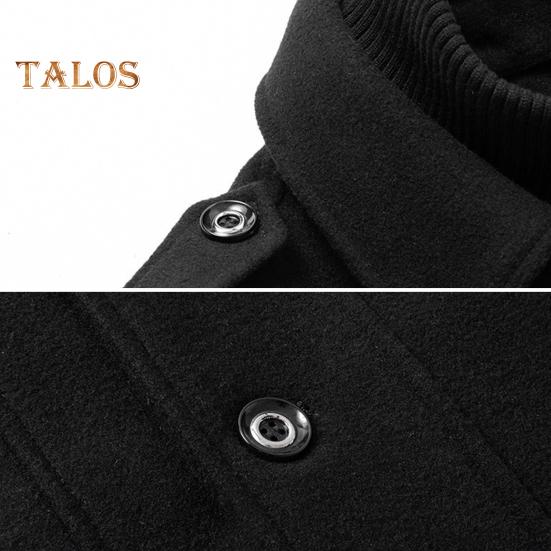 Men Woolen Coat Double Stand Collar Long Sleeve Single-Breasted Solid Color Jacket with Pockets Autumn Winter Mid-length Outwear