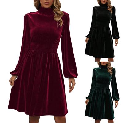 Women's Autumn And Winter Casual Fashion High Neck Waist Velvet Long Sleeve Dress