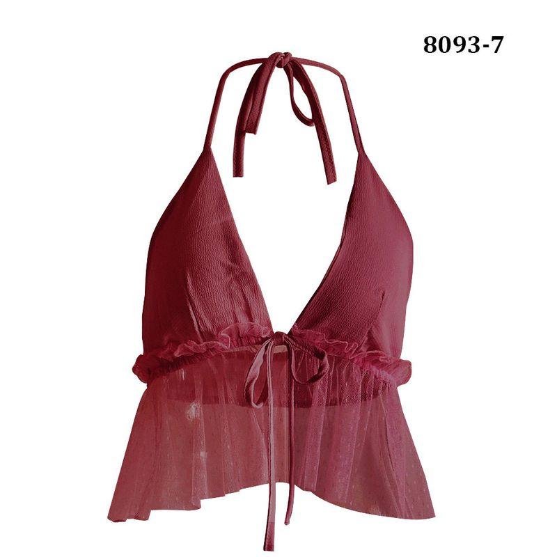 European and American Cross-Border Women s Clothing Sexy Lace-Up Camisole Women s Transparent Mesh Camisole Top 8093-Burgundy L