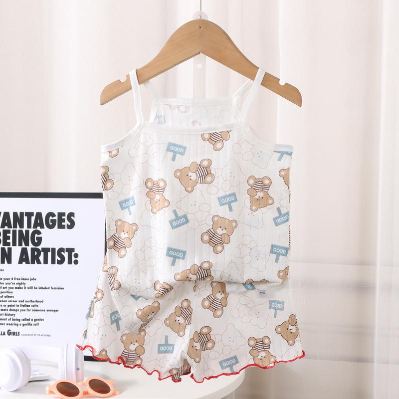 Conjunto de Pijama Feminino de Algodão Sem Mangas Camisola Fina de Verão e Shorts Roupa de Casa Fofa Estampada para Criança Bebê Com Cintura Elástica