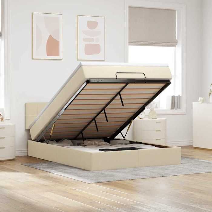 Exclusive House - Ottoman Bed with Mattress and LED Cream 140x190 Cm Fabric