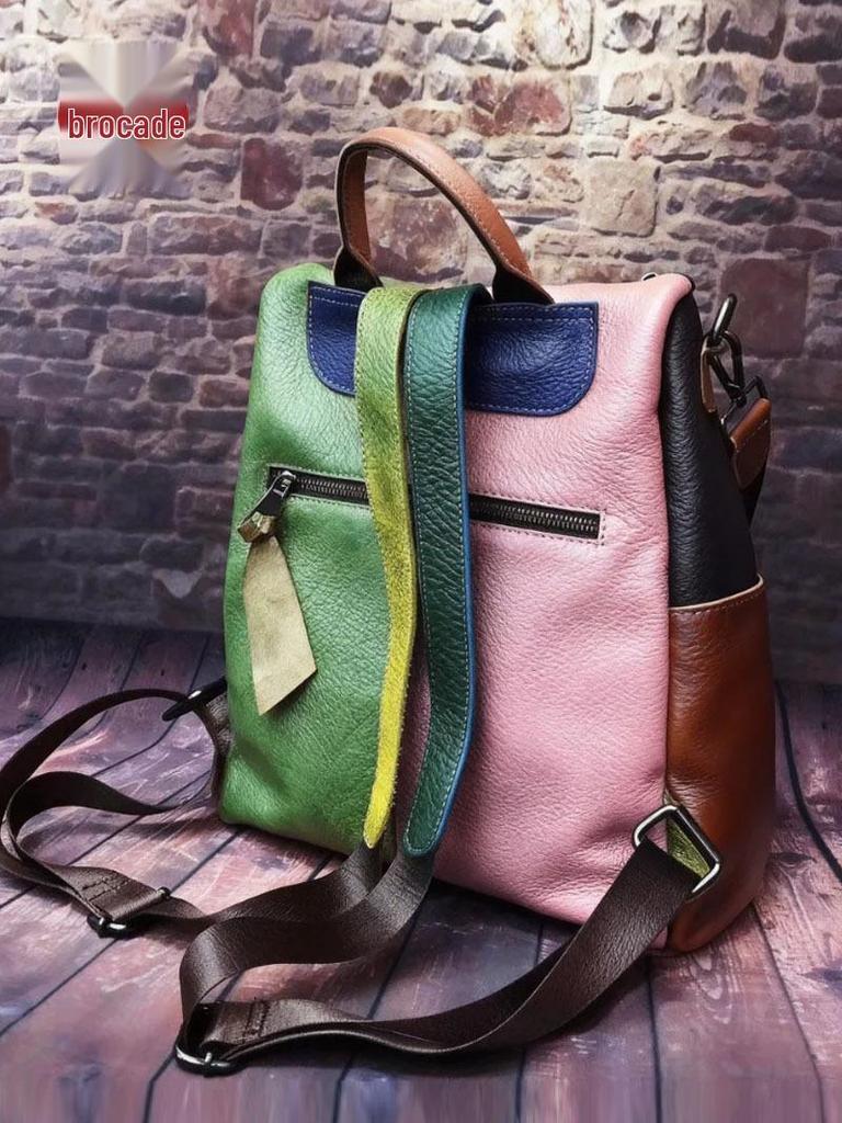 Retro Skórzana Patchworkowa Kolorowy Blok Telefon Torba na Telefon & Plecak z Podwójnym Paskiem