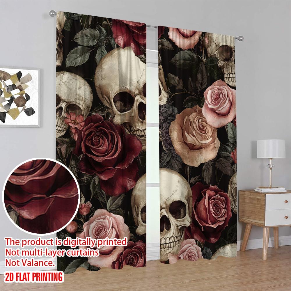 Flat Printing Curtains Gothic Skull Polyester Without Electricity Family Party Suitable Living Room Outdoor Decor Set Of 2 Made