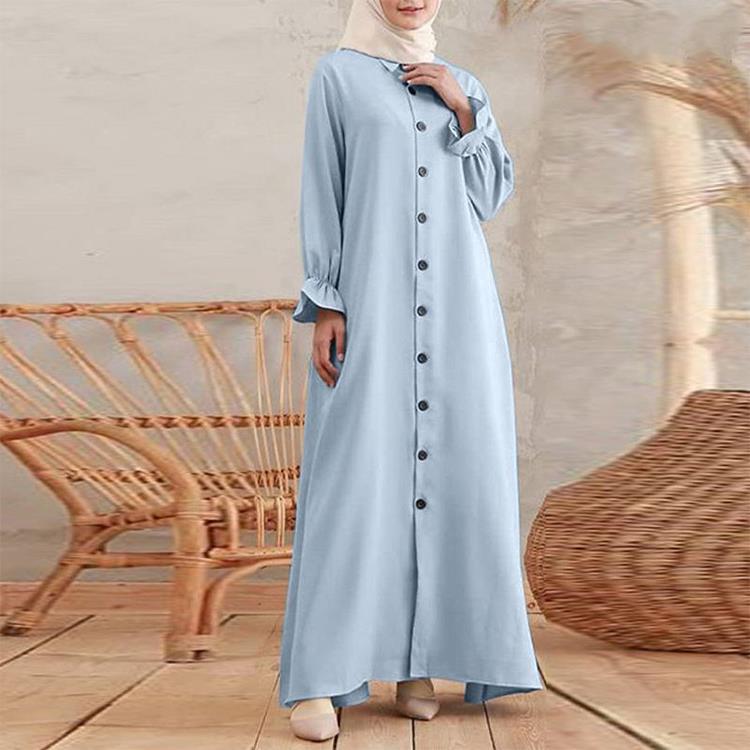 Kadın Sonbahar Müslüman Baggy Uzun Elbise Abaya Kaftan Tam Kollu Katı Büyük Boy Maxi Sundress