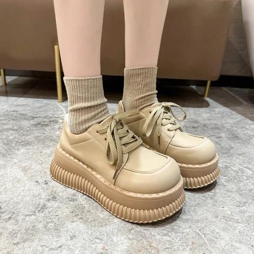 Черные кожаные туфли на массивной платформе для женщин 2025 Осень Балетки Женские Толстая подошва Шнуровка Лолита Обувь Женские Балетки 35 бежевый 5759₽