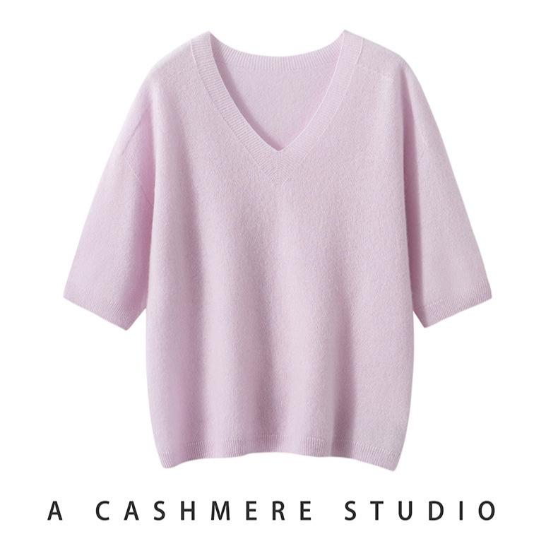 Pure Cashmere Women's Seamless V-Neck Short Sleeve Knit Top