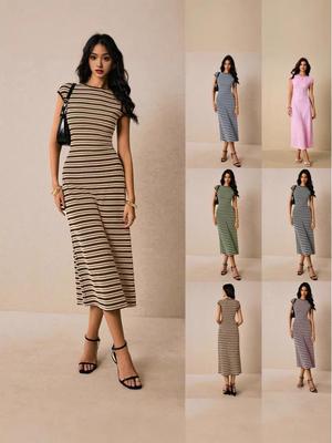 2026 Women's Color Block Stripe Maxi Dress - Short Sleeve, Round Neck, Waist-cinching, Casual Fashion