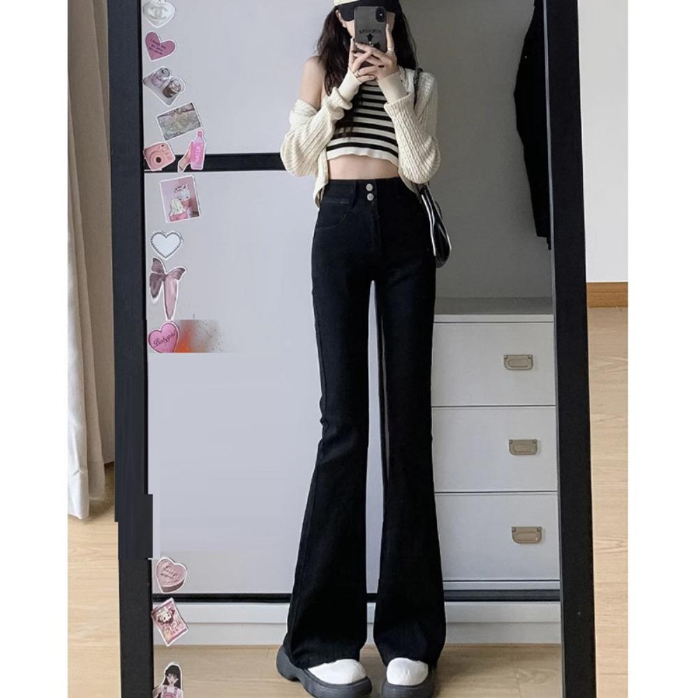 

Harajuku simple high-waisted micro-pull jeans women s spring and autumn new double-buckle micro-horn jeans XL чёрный