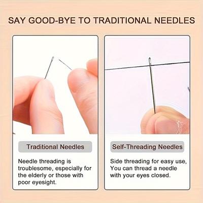 Self-Threading Needles, Random Sizes With Wooden Storage Tube, Easy-Insert Sewing Needles For Elderly, Hand Stitching, Quilting, Clothes