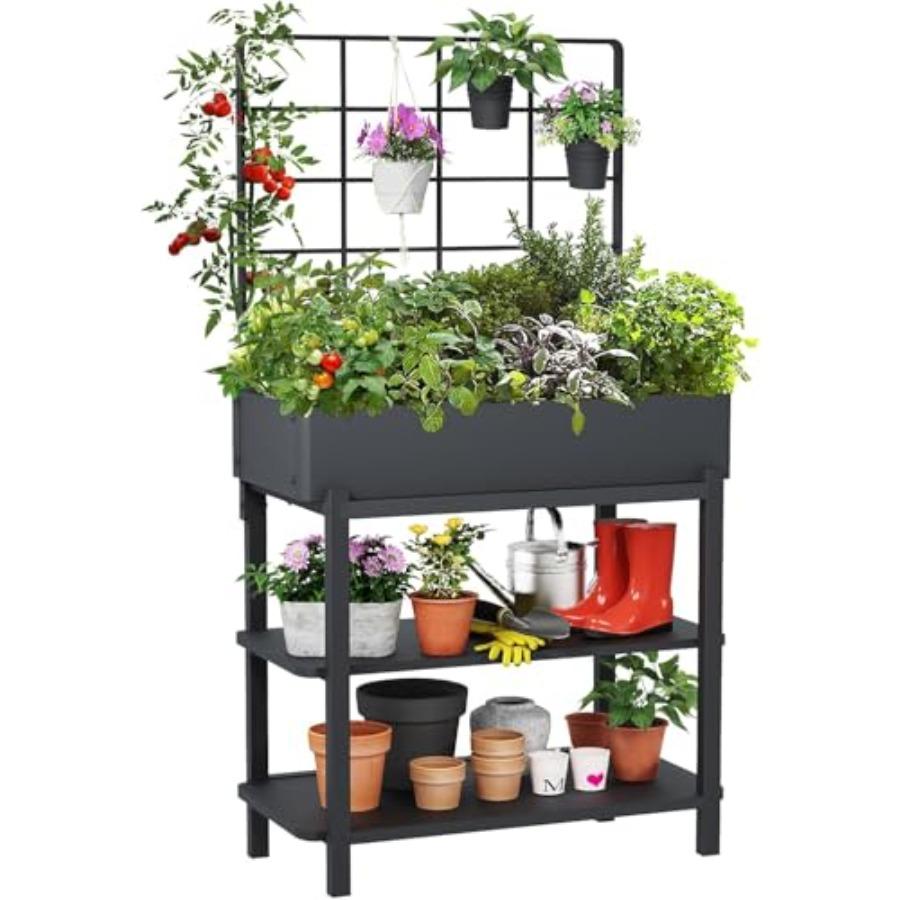 

Metal Raised Garden Bed with Trellis 2-Tier Storage Shelf Elevated Planter Box with Legs - Includes 3 Flower Pots Outdoor Verti United States