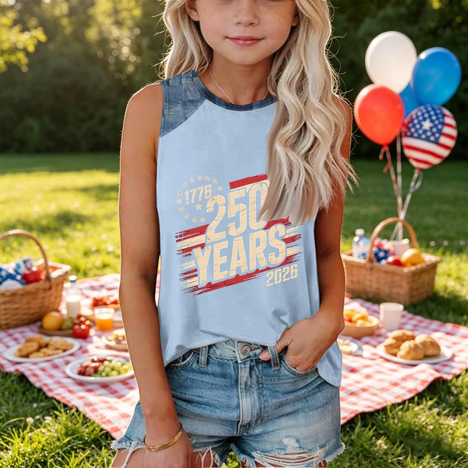 

Women s Sleeveless Loose Fit Tank Top 250 Years Print Round Neck Casual Summer Shirt Denim Patchwork Detail 160