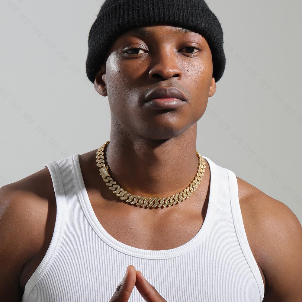 New Cuban Chain 14mm Fashionable and Simple Full Diamond Bar Hip Hop Necklace