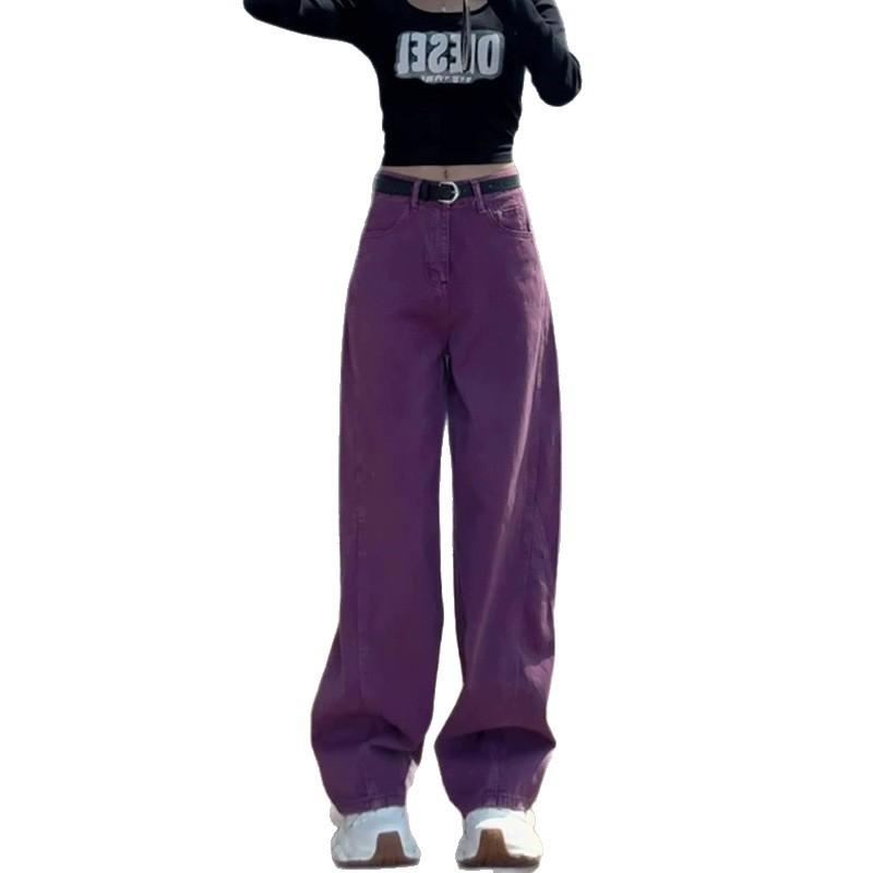 Women's Purple High-Waisted Wide-Leg Jeans, Casual Loose-Fit Straight-Leg Denim Pants with Belt, Trendy Streetwear Trousers