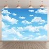 A blue polyester fabric background curtain in the sky with white clouds, and a multi-functional party decoration banner